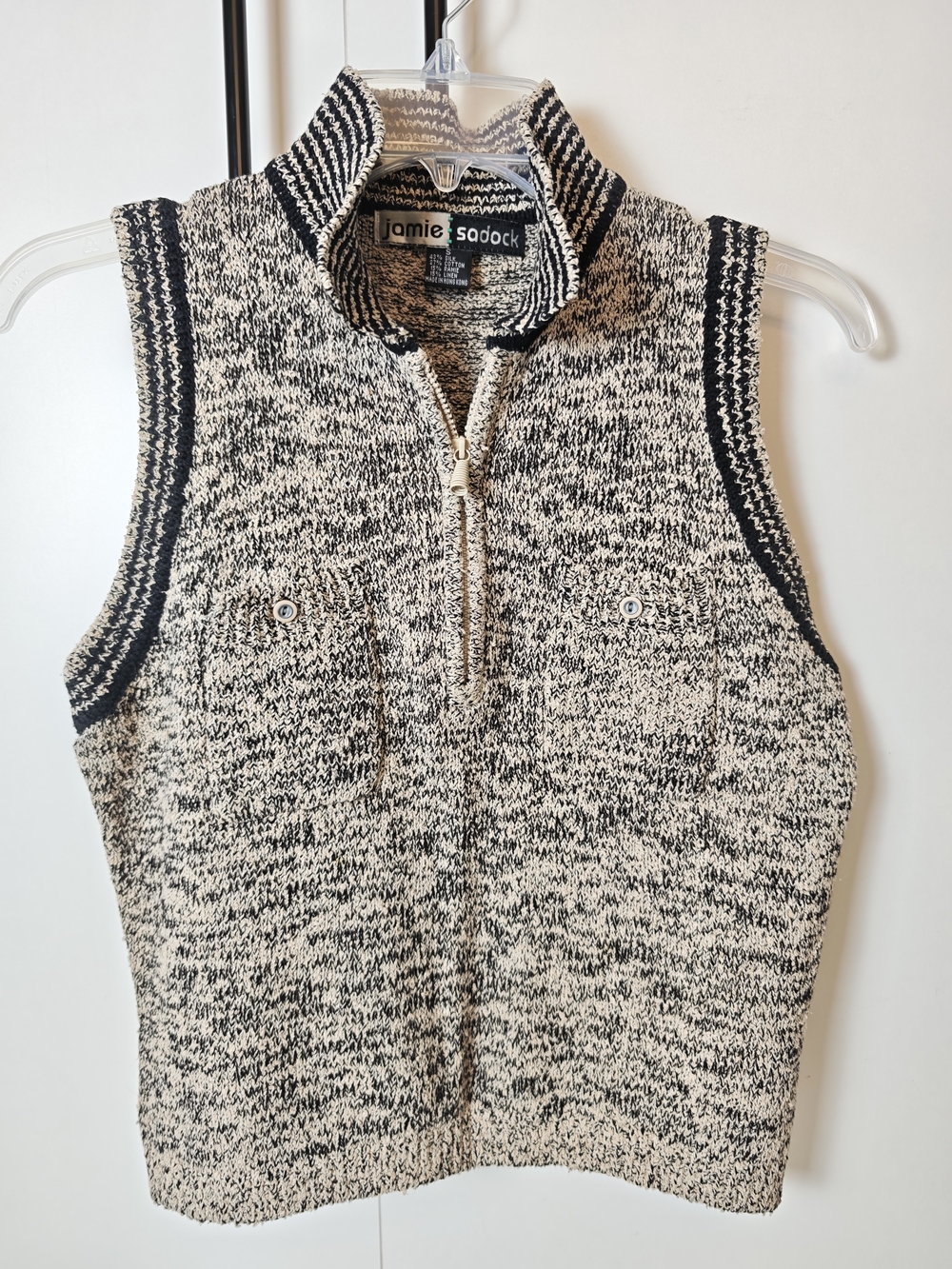 Jamie Sadock Womens Black Cream Marled Knit Half Zip Sweater Vest Small